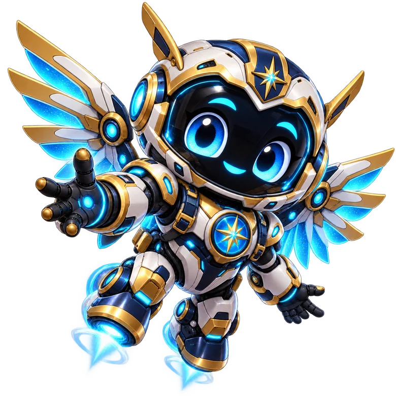 A friendly winged blue-and-gold Captain J3 Merlin robot floats with a glowing compass emblem